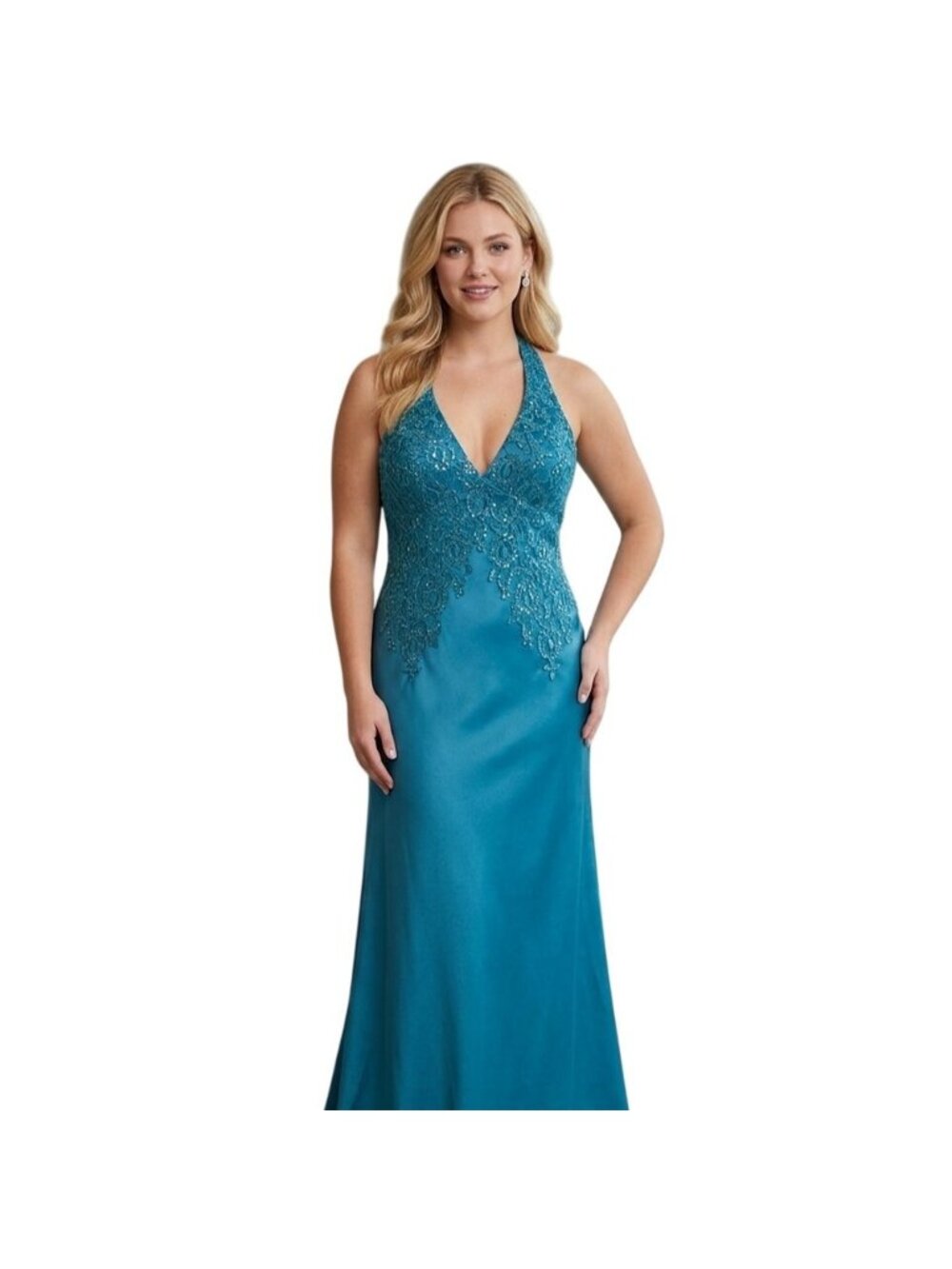 Teal Blue Halter Satin Corset Back A-line Embellished Gown 13/14 Prom Formal